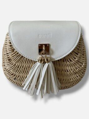 Surell Women's Beige Rattan Colorblock Tassel Magnetic Crossbody Bag